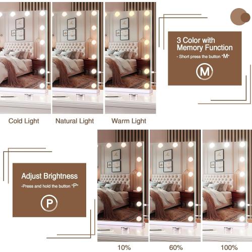Vanity Mirror with Lights, Large Makeup Mirror with LED Lights, Smart Touch Dimmable 3-Color Light, Memory Function, USB Charging Port