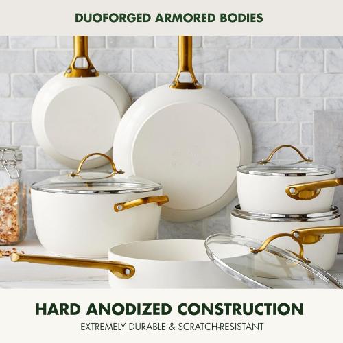 GreenPan Hard Anodized Healthy Ceramic Nonstick 10 Piece Cookware Pots and Pans Set, Gold-Tone Stainless Steel Handles, PFAS & PFOA-Free, Dishwasher Safe, Oven & Broiler Safe, Cream White‼️incomplete set ‼️