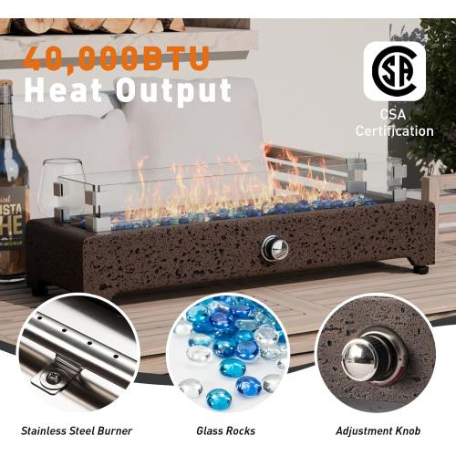 COSIEST 28 Propane Tabletop Fire Pit, CSA Certified Outdoor Mini Small Table Fireplace with Rectangular Magnesium Oxide Base, 40,000 BTU Burner, Glass Rocks, Glass Windshield for Patio, Brown