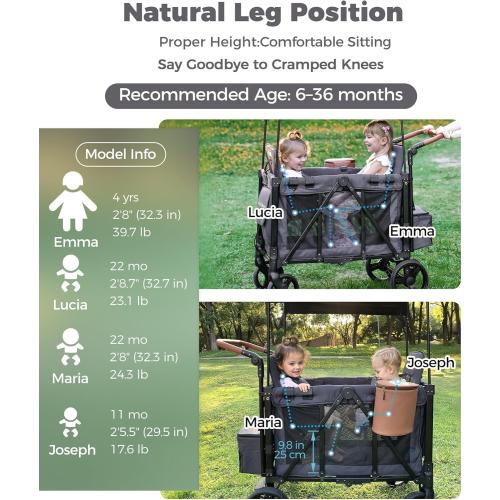 Wagon Stroller for 2 Kids with Insulated Snack Pack Foldable All-Terrain Wagon Stroller, 5-Point Harness & Canopy Parent Organizer Adjustable Handle (Grey)