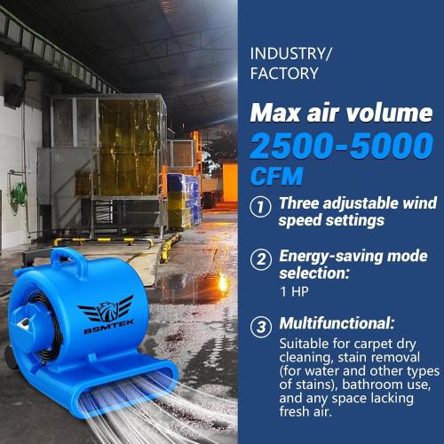 5000 CFM 1HP Air Mover Blower Fan, Floor Blower Dryer, 3 Speeds, 4 Adjustable Angles, Handle Wheelkit, 15Ft Long Cord Portable, Stackable - 2026 Upgraded, Blue