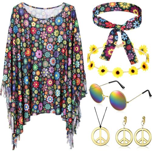 Hicarer 6 Pcs Hippie Costume Accessories Set Includes Headband Poncho Necklace Earrings Sunglasses for Women Girls