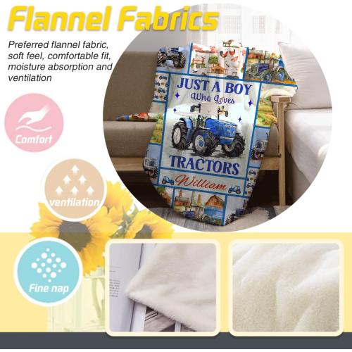 Custom Just A Boy Who Loves Tractors Blankets Gifts for Birthday Son On Bed Sofa,Personalized Premium Flannel Blankets for Christmas Thanksgiving, All Season Use 50''x 60'' -M