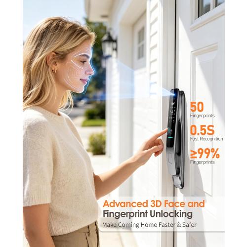 3D Face Recognition Smart Lock with Camera, Palm Vein Keyless Entry | 8-in-1 fingerprint front door lock with handle, video doorbell, 2-way talk, Tuya app, mortise lock, IP67 and loitering alarm.