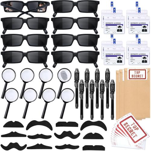SNLN Spy Detective Party Favors Birthday Supplies for Kids Detective Glasses Invisible Ink Pen Magnifying Glass Pass Card Envelope Fake Mustache Sticker Boys Goodie Bag Stuffer Filler Classroom Prizes