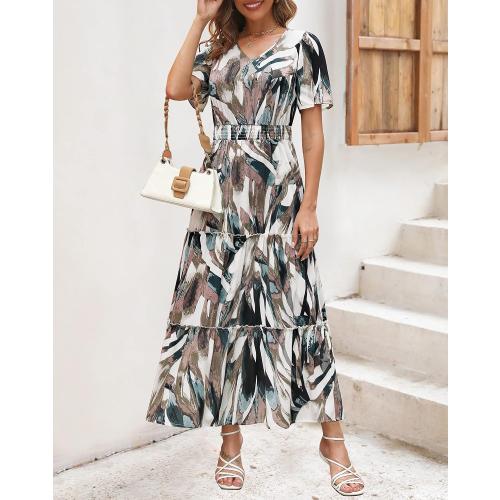 Size L ...Zattcas Womens 2025 Long Summer Dress Short Flutter Sleeve V Neck Casual Smocked Tiered Modest Floral Boho Maxi Dress