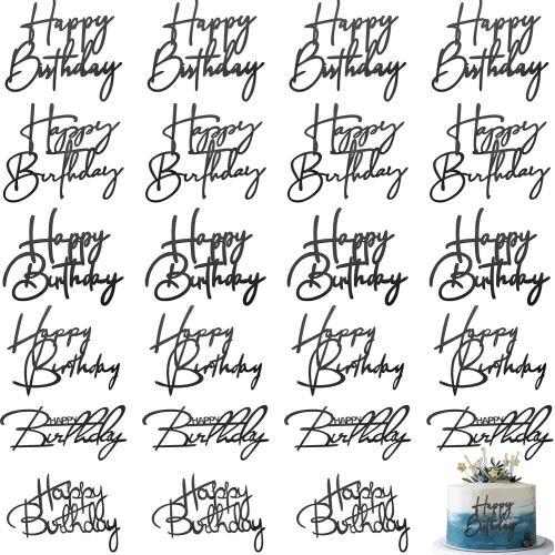 Barydat 24 Pieces Black Happy Birthday Cake Toppers Mirror Acrylic Cupcake Topper Happy Birthday Sign for Cake Side Cupcake Decorations, 6 Styles
