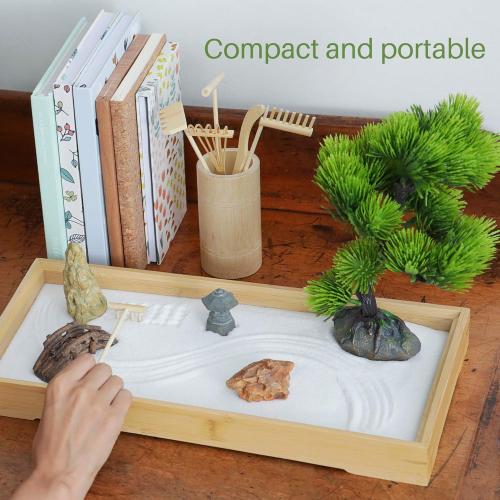 ENSO - Japanese Zen Garden for Desk - Extra Large 16 x 8 Desktop Mini Zen Garden with White Sand, Artificial Bonsai Tree, Rocks, Rakes & Accessories - Zen Gifts Sand Garden Kit for Office Decor