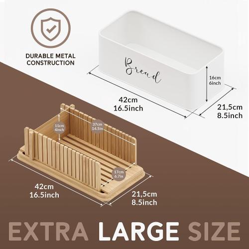 Size  16.5 x 8.5 x 6 inches NATURE SUPPLIES | White Bread Box For Kitchen Countertop With Professional Cutter Guide | Farmhouse Bread Bin & Bamboo Bread Slicer Set | Metal Bread Box With Cutting Board For Bread, Bagel, Loaf