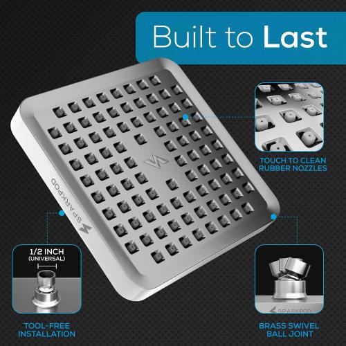 SparkPod Rain Shower Head, 6 Inch Square, Luxury Polished Chrome Finish | High Pressure Shower Heads, 90 Nozzles, Adjustable Showerhead, No Tools Needed, Universal Connection