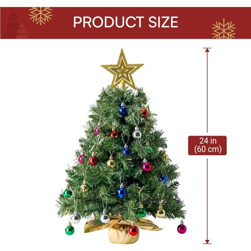 JOIEDOMI 24/2FT Small Tabletop Christmas Tree with Lights with Star Treetop and Hanging Ornaments, Pre-lit Artificial Christmas Green LED Mini Tabletop Tree for Xmas Decorations Indoor Outdoor