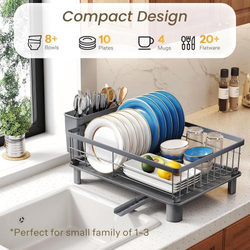SNTD Dish Drying Rack - Small Dish Rack for Kitchen Counter, Stainless Steel Dish Drainer with Utensil Holder and Drainboard, 11 W x 15 L (Grey)