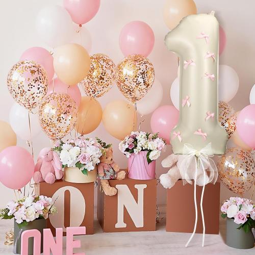 Number 1 Pink Bow 1st Birthday Balloon, 32 Inch Giant Aluminum Foil Number 1 Cream White Balloon Coquette Party Decoration for Christmas Girl Boy Birthday Baby Shower Anniversary Party Gifts