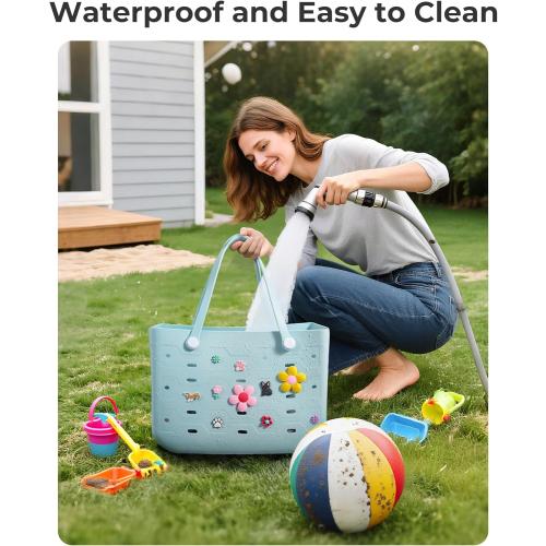 BAGSMART Beach Bag for Women, Water-resistant Rubber Tote Bag, Sandproof Vacation Essentials for Summer Swim Cruise Pool MISSING CHARMS