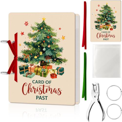 CJiangpo Christmas Card Keeper Set - Wooden Christmas Greeting Card Holder with 20 Protectors Velvet Ribbon Rings Hole Punch Keepsake Book Binder Postcards Storage Holiday Photo Album Keeper Xmas Gift