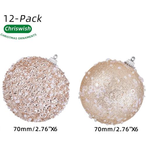 12CT Christmas Ball Ornaments, Champagne Christmas Ball Decorations Shatterproof Plastic Hanging Pearl Balls for Holiday Party(70mm/2.76)