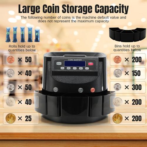USD Coin Counter 270 Coins/Min Includes 5 Coin Bins, 5 Tubes & 5 Wrappers | 300-Coin Capacity Automatic Change Counter with LCD Display for 1¢ 5¢ 10¢ 25¢ $1, Precise Counting for Retail/Banks/Home