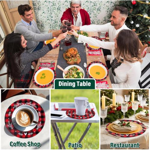 Christmas Placemats Set of 6 Round Holiday Table Mats 13 Inch Heat Resistant Wipeable Waterproof Placemats Washable Xmas Bell Dining Table Mats for Home Kitchen Parties Decor Merry Christmas Placemats