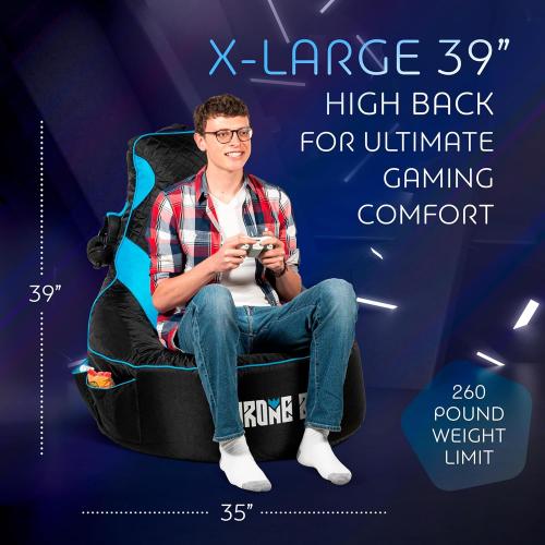 Throne Boss Gaming Bean Bag Chair Cover for Adults with High Back, Blue – Large Floor Gaming Chair Cover, Easy to Clean Fabric, Large Pockets, Headphone Hanger, Requires 350 Liters Polystyrene Beans