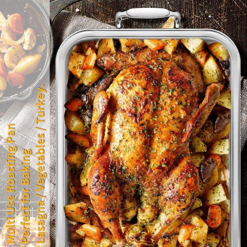 15 Inch Stainless Steel Roasting Pan with Cooling Rack - Turkey, Chicken, Ham Roaster with V-Shaped Baking Rack by Kendane