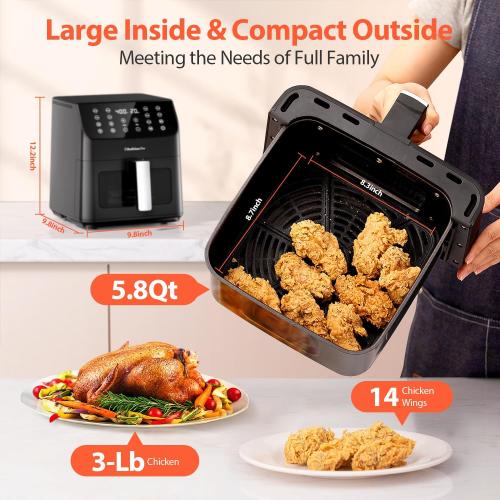 Beelicious® 5.8QT Large Air Fryer, 12-in-1 Digital Airfryer with Clear Window, 40  Recipes, Flavor-Lock Tech, Shake Reminder, Compact, Quiet, Dishwasher Safe, Nonstick, Fit for Family of 2-5, Black