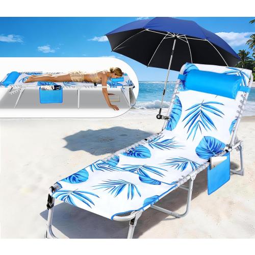 Luxfero 3-in-1 Beach Lounge Chair with Umbrella, Sun Tanning Chair with Face Hole&5-Position Recliner, Folding Lounge Chair Outdoor Lay Flat, Max 350lbs,Portable Tanning Chair with Pillow&Pocket-White