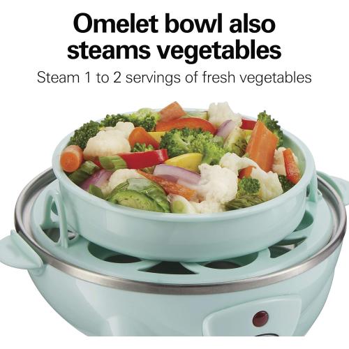 Hamilton Beach 3-in-1 Electric Egg Cooker for Hard Boiled Eggs, Poacher Eggs, Omelet Maker & Vegetable Steamer, Holds 7, Mint (25504)