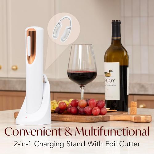 Rechargeable Electric Wine Bottle Opener - Charging Base and Foil Cutter Included with Automatic Wine Opener - Electric Corkscrew for Easy Cork Removal - Best Gift for Wine Lover (White & Rose Gold)