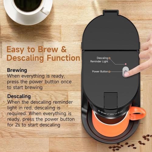 Small Single Serve Coffee Maker, Fast Brew One Cup Coffee Machine for K Cup and Grounds, 6 to 12 oz. Brew Sizes, Capsule Coffee Machine with Descaling Reminder and Viewing Tank, Black