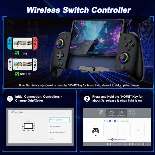 Gammeefy Switch Controllers Compatible with Nintendo Switch/Switch OLED, One-Piece Joypad Controller Replacement for Switch Pro Controller with 9 Lights Color, Turbo, Macro, KeyLinker APP