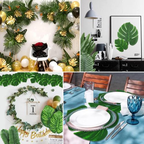 QUANQIUFEI 74 Pcs 7 Kinds Artificial Palm Leaves Tropical Fake Leaves, Monstera Leaf for Safari Jungle Hawaiian Dinosaur Luau Party Table Decoration Wedding Birthday Theme Party