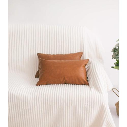 Size 12x20 Color Brown Set of 2 Thick Faux Leather Lumbar Throw Pillow Covers 12x20, Modern Farmhouse Boho Small Long Accent Scandinavian Decor Rectangle Decorative Cushion Cases for Couch Bed Sofa Cognac Brown