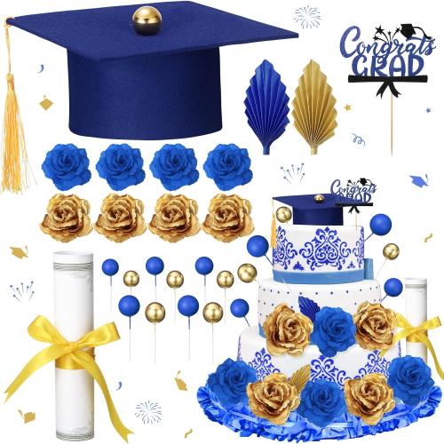 Color Blue Graduation Cake Kit: Felt Cap, Diploma, Congrats Topper, Beads Leaf Flowers (Blue & Gold, 33 Count)