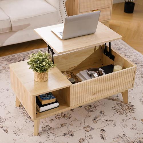 LYNCOHOME Fluted Lift Top Coffee Table with Storage, Modern Coffee Table for Living Room, Home Office(Natural)