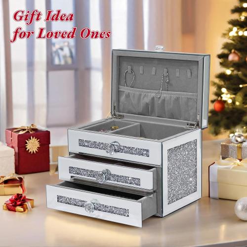 Mirrored Jewelry Box,3-Layer 2 Drawers Glass Jewerly Organizer with Lid,Necklace Ring Earring Storage Boxes,Silver Crushed Diamond Home Decor,Gift Idea