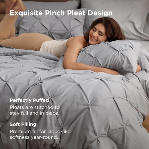 Bedsure Full Comforter Set Grey - Bed in a Bag Full Size Bedding Set 7 Pieces, GentleSoft™ Pintuck Bed Set Gift for Family, Pinch Pleat Grey Comforter with Sheets, Pillowcases & Shams
