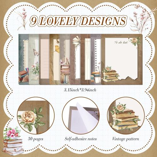 Sabary 9 Pads Cute Sticky Notes Animal Sticky Note Pads 3.15 x 3.94 Inches Colored Adhesive Memo Reminder Decor for Journal School Office Gifts(Book Lover)