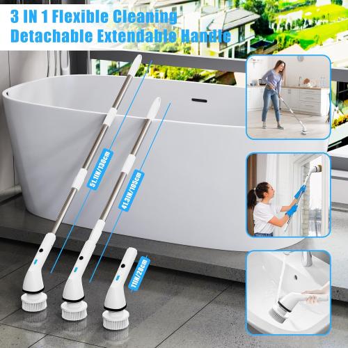 Cordless Spin Scrubber Electric Spin Scrubber with 6 Replaceable Brush Heads and Stainless Steel Adjustable Extension Handle, Bathroom Scrubber Electric Sink Scrubber Brush for Kitchen