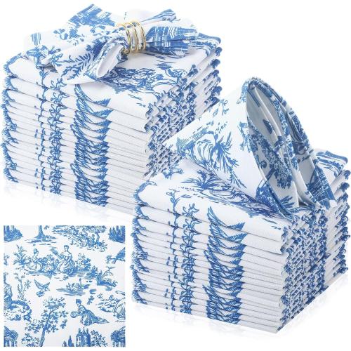 24 Pcs Blue Cloth Napkins Country French Dining Napkins 18 x 18 Blue Floral Reusable Cloth Napkin Rustic Table Decorative for Fall Christmas Holiday Party Supplies