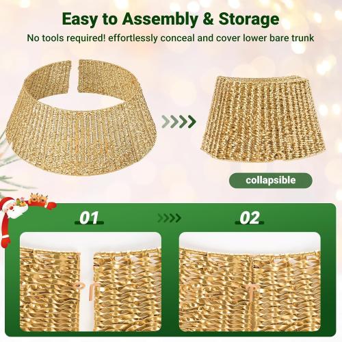 ELYKEN 28 Inch Christmas Tree Collar, Gold Woven Xmas Tree Skirt for 7.5 ft Trees, Stylish Tree Base Cover with Cord Cut-Out, Round Tree Ring for for Pencil Trees, Easy Assembly