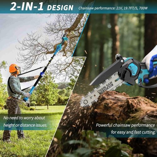 2-in-1 6 In Mini Chainsaw & Electric Pole Saw, Electric Pole Saws for Tree Trimming, 21V Cordless Battery Chainsaw Powered with 2 Batteries, Lightweight Tree Trimming Tool for Small Branches