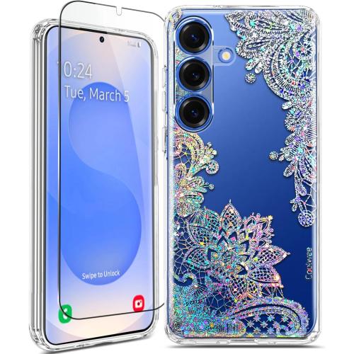 Coolwee Clear Glitter for Samsung Galaxy S25 Plus Case 6.7 inch, Shockproof Thin Flower Slim Cute Crystal Lace Bling Women Hard Back Soft TPU Bumper Protective Cover for Samsung S25 Plus Mandala Henna