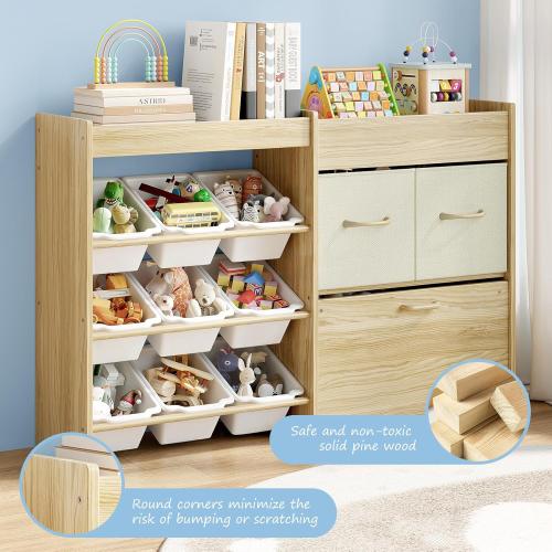 Toy Storage Organizer for Kids, 9-Bin Toy Organizer with 2-Drawers, Movable Toy Chest and Top Rack, Multifunctional Kids Bookshelf and Toy Storage for Playroom, Bedroom, Nursery, White