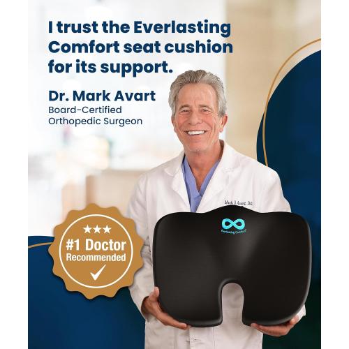 Everlasting Comfort Doctor Recommended Memory Foam Seat Cushion for Office Chairs & Car - Ergonomic Office Desk Accessories - Cushions for Tailbone Pain Relief, Sciatica (Black, X-Large)