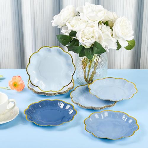 24 Pcs Dusty Blue Scalloped Paper Dessert Plates, 7 Inch, Gradient Blue | Gold Foil Edge, Disposable Party Plates, Snack Cake Plate for Birthday Bridal Baby Shower Wedding Xmas Party Supplies