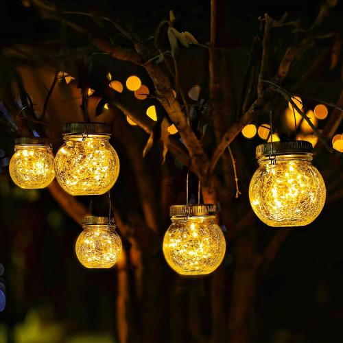 Cooo 2 Pack Crackle Glass Solar Lantern with 30 LED Firefly Lights– Waterproof Outdoor Hanging Lamp 215% Larger Solar Panel, Anti-Rust Lids Decorative Lighting for Garden Patio Table
