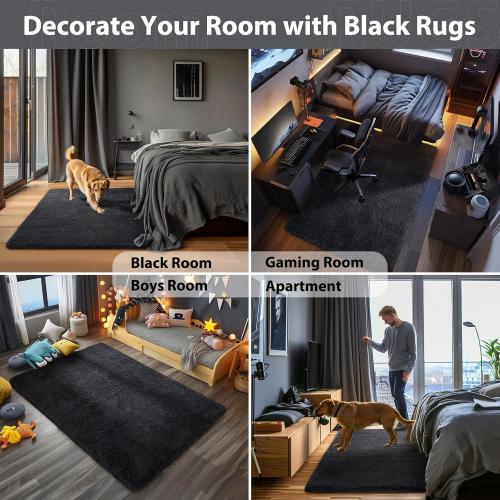 Ophanie Black Area Rugs for Bedroom Living Room, 4x6 Fluffy Fuzzy Shag Shaggy Carpet Soft Plush Furry Bedside Rug, Indoor Floor Rug for Kids Girls Boys Home Decor Aesthetic, Dorm Nursery