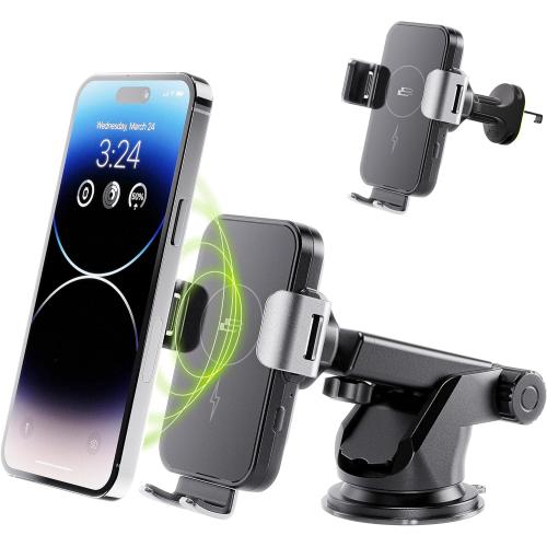 Bracketron PwrUp Auto 15W Qi Fast Wireless Charging Car Mount Dashboard Windshield Air Vent Cell Phone Charger Cellphone Holder Desk Night Stand