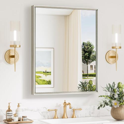 Keonjinn 24 x 30 Inch Brushed Nickel Bathroom Mirrors for Over Sink, Beveled Rectangle Framed Mirrors for Wall, Farmhouse Bathroom Vanity Mirror, Tempered Glass, Square Corner