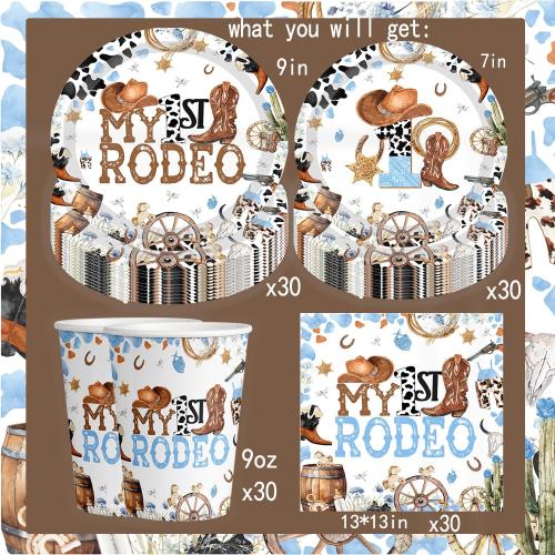 My First Rodeo Birthday Party Supplies Cowboys 1st Rodeo Birthday Tableware Western Cowboys Bday Paper Plates Napkins Cups for My First Rodeo Baby Shower Decor Serve 30